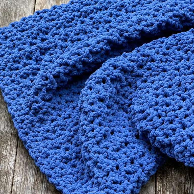Handmade chunky chenille crochet baby blanket in denim blue
