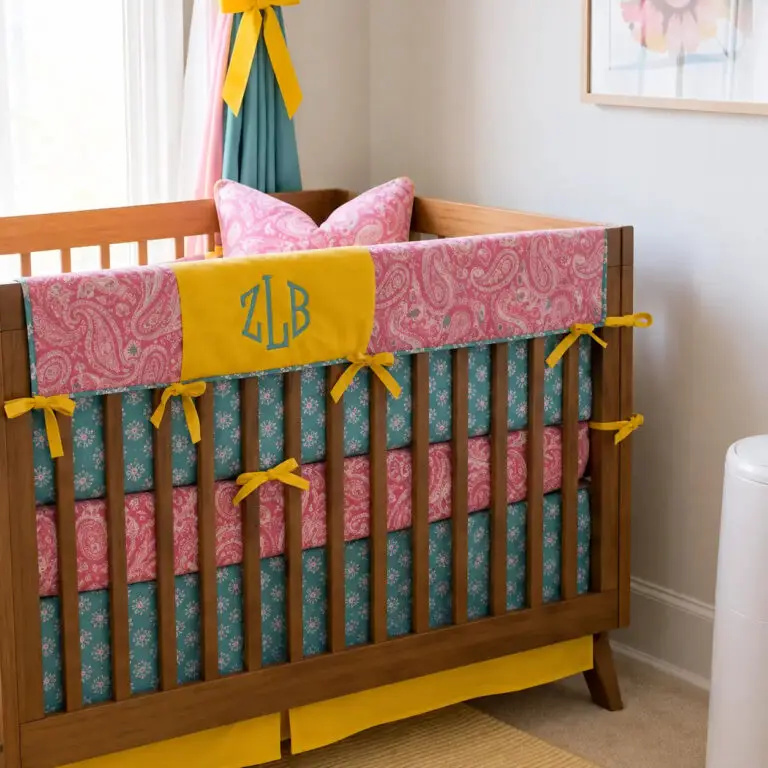 Zoe Louise pink, teal, and yellow monogram nursery with custom crib bedding