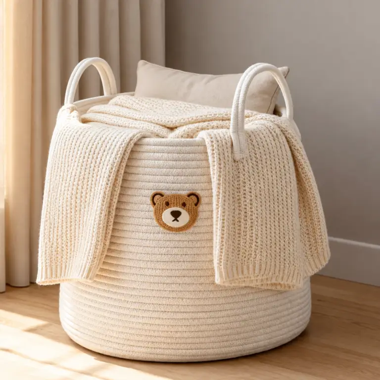Teddy bear nursery storage basket holding a soft baby blanket
