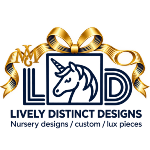 Lively Distinct Designs gold and navy unicorn logo