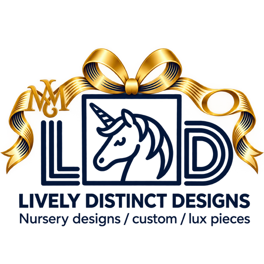 Lively Distinct Designs gold and navy unicorn logo