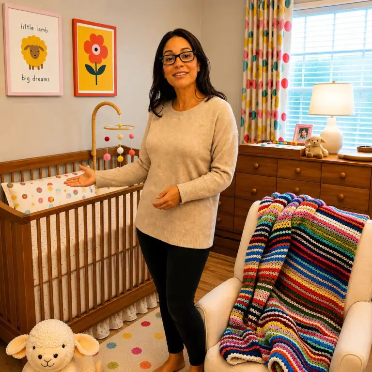 Warm, colorful nursery design presentation with custom crib bedding